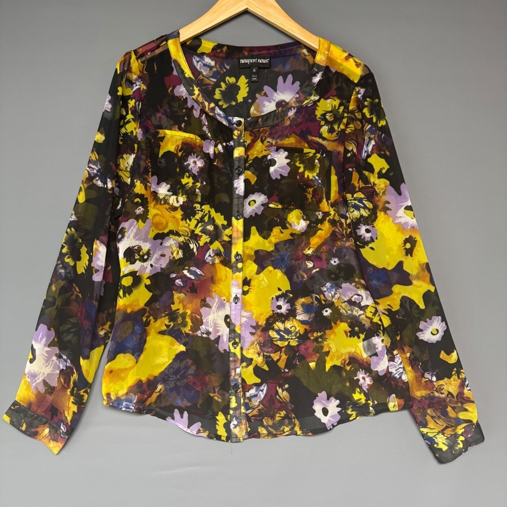 Newport News Womens Floral Button Up Blouse Yellow Purple Black Sheer Size M